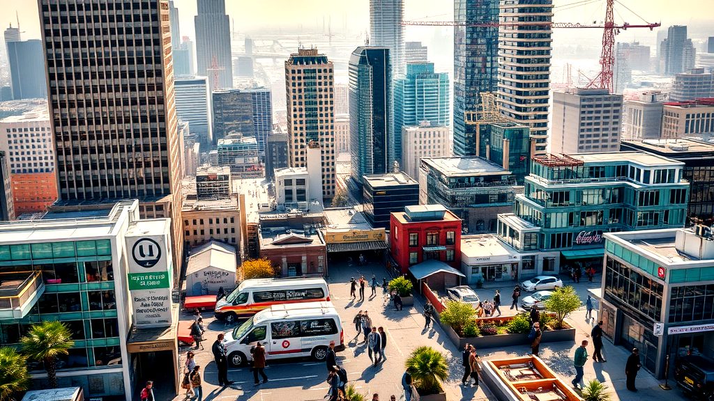 Vibrant downtown cityscape with modern skyscrapers, construction cranes, and people walking near office buildings and rooftop areas on a sunny day.