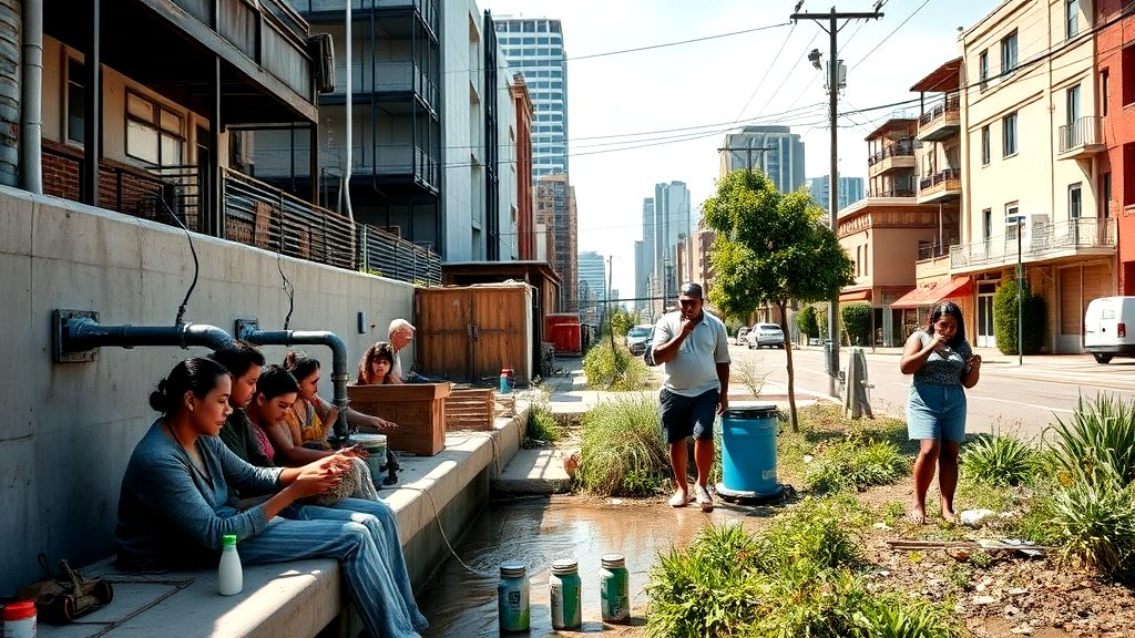 People gathered in an urban setting near water access pipes, engaging in daily activities like washing and talking, with city buildings and skyscrapers in the background.