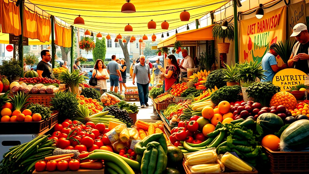 Colorful outdoor farmers market with fresh organic fruits and vegetables displayed on wooden stalls under a yellow canopy, with people shopping and interacting