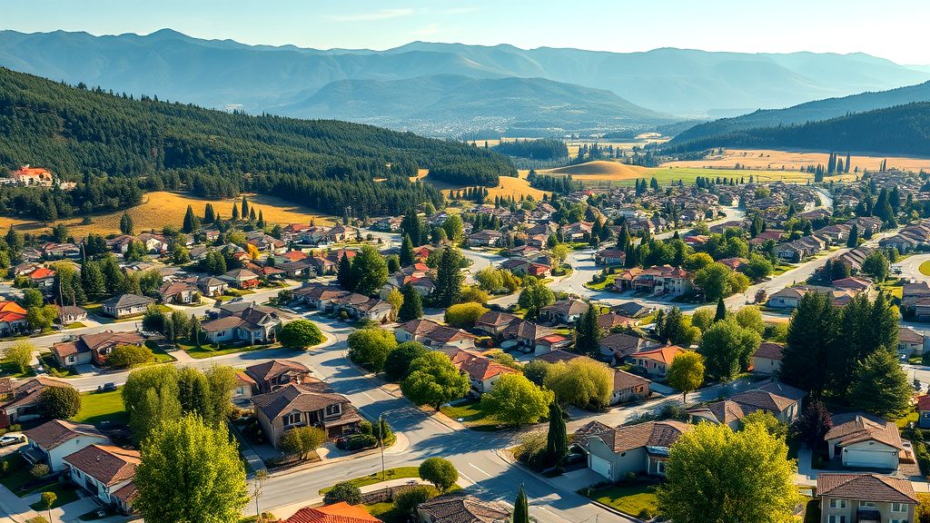 Aerial view of a peaceful suburban neighborhood surrounded by trees and mountains, showcasing ideal residential real estate in a scenic valley setting.
