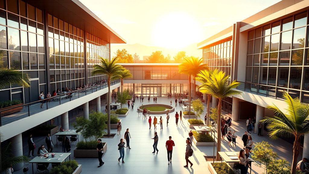 Modern open-air campus or business plaza with people walking, networking, and working at tables under palm trees during a vibrant sunset.