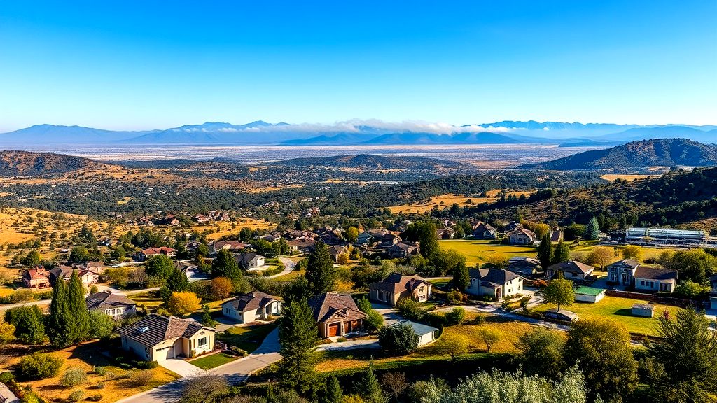 Scenic aerial view of rural luxury homes nestled in a valley surrounded by rolling hills and mountains under a clear blue sky.