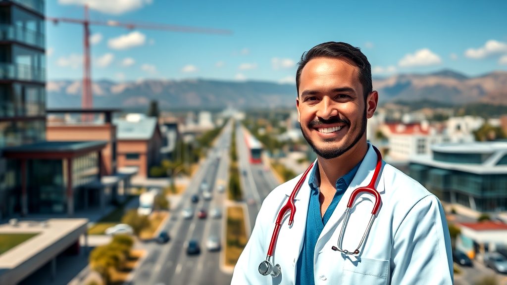 Smiling male doctor with stethoscope standing in front of a busy urban street, modern medical buildings and mountains in the background.