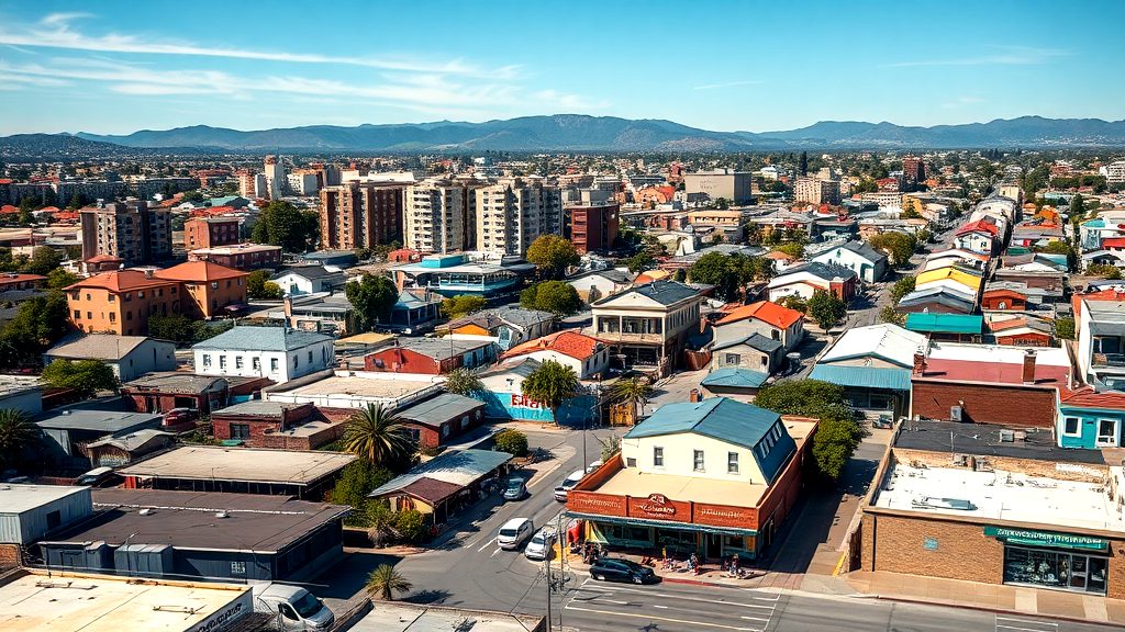 Aerial view of a vibrant urban downtown with small businesses, residential buildings, and mid-rise apartments, set against a scenic mountain range.